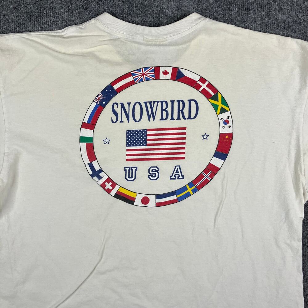 SDI‎ T-Shirt Mens L White Snowbird USA Flag International Travel Graphic Tee